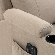 Close-up of the beige recliner armrest, cup holder and remote control side pocket