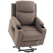 Brown linen-look riser recliner chair with cup holders, shown raised on its lift base on a white background