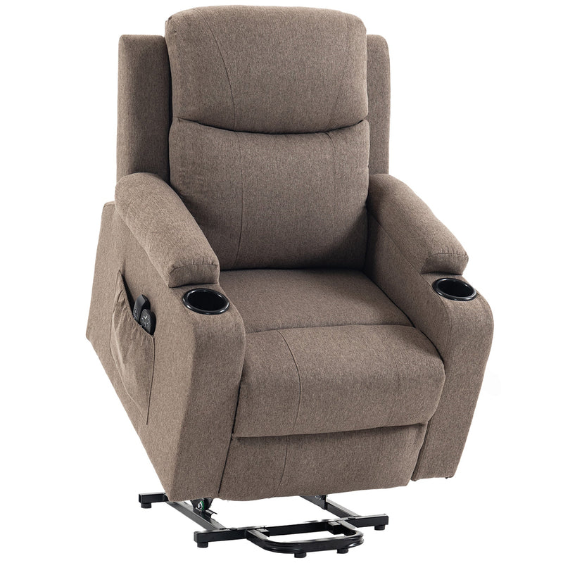 Brown linen-look riser recliner chair with cup holders, shown raised on its lift base on a white background