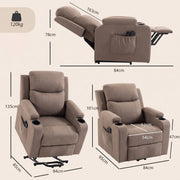Dimensions diagram for the brown riser recliner showing reclined, lifted and upright sizes
