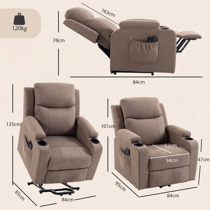 Dimensions diagram for the brown riser recliner showing reclined, lifted and upright sizes