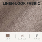 Close-up of the brown linen-look fabric with breathable and wear-resistant icons