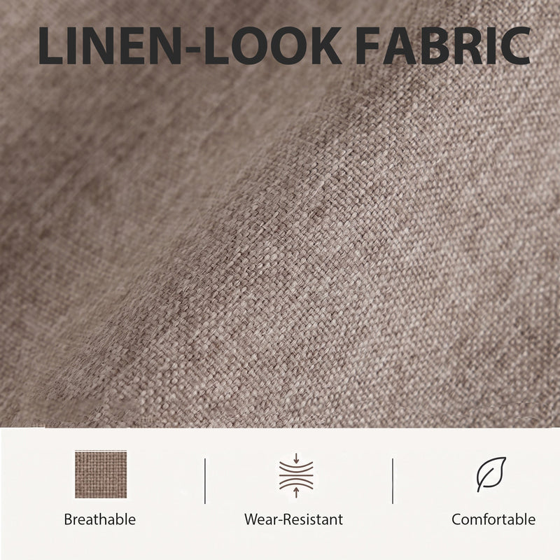 Close-up of the brown linen-look fabric with breathable and wear-resistant icons