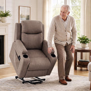 Older man standing beside the brown riser recliner raised on its lift base