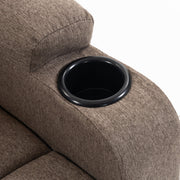 Close-up of the brown recliner cup holder and armrest