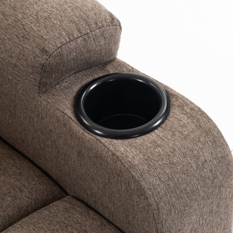 Close-up of the brown recliner cup holder and armrest