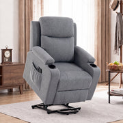 Dark grey riser recliner chair raised on its lift base in a living room beside a side table