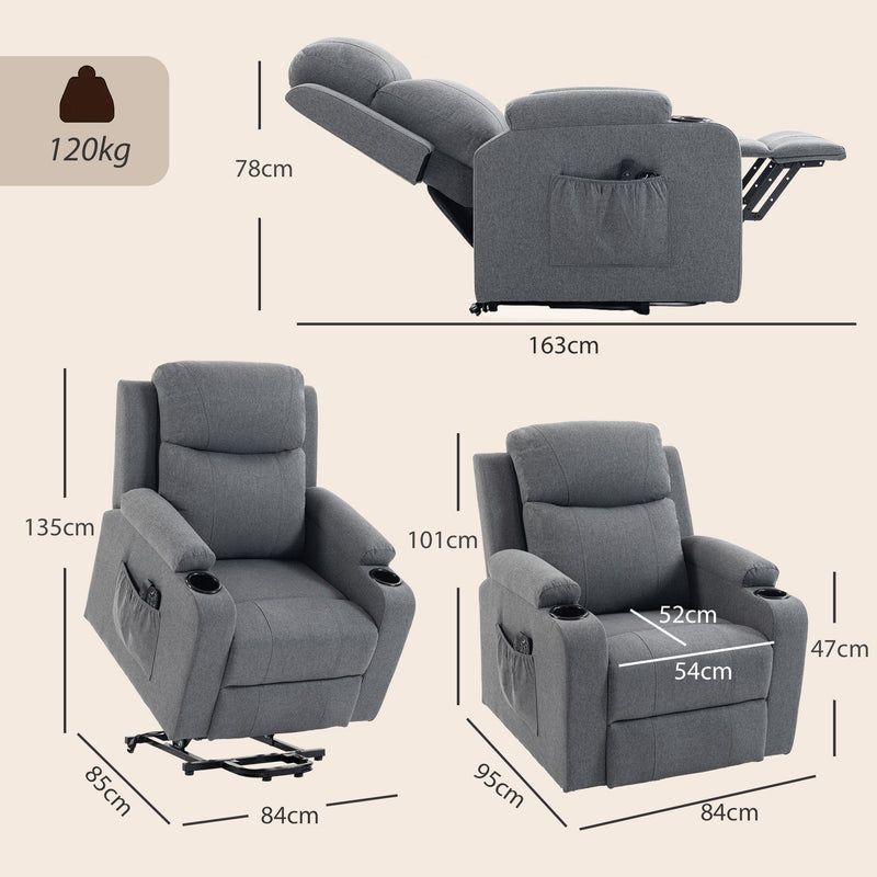 Dimensions diagram for the dark grey riser recliner showing reclined, lifted and upright sizes