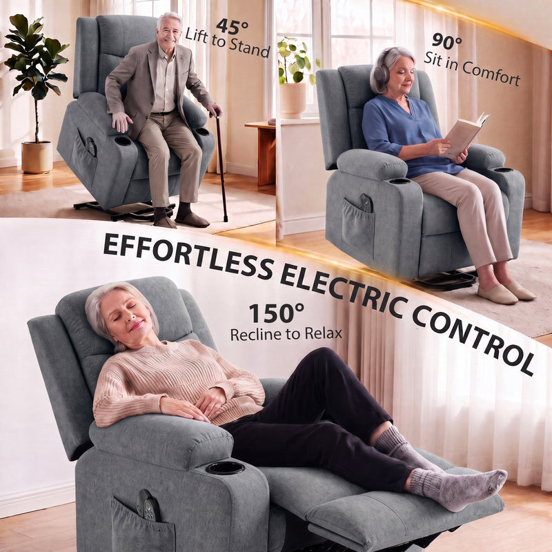 Dark grey riser recliner shown lifting a user to stand, sitting upright and fully reclined