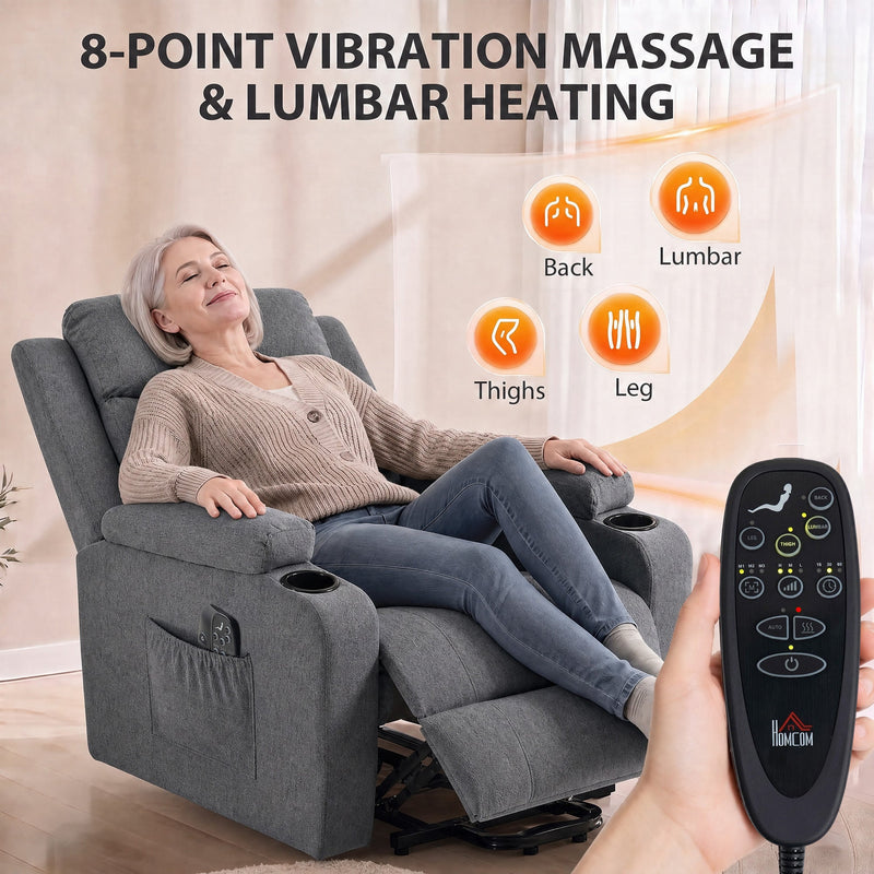 Woman relaxing in the dark grey riser recliner with 8-point massage zones and the remote control