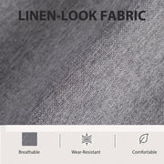 Close-up of the dark grey linen-look fabric with breathable and wear-resistant icons