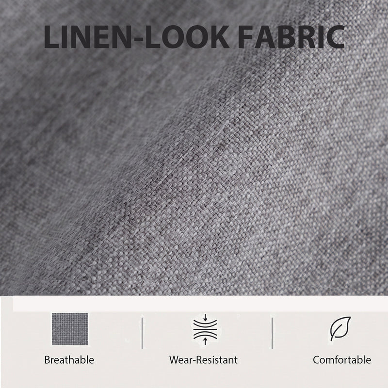 Close-up of the dark grey linen-look fabric with breathable and wear-resistant icons