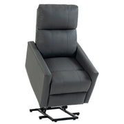 Dark grey power lift riser recliner chair on a white background with its black lift base