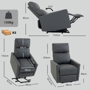 Dimensions diagram showing upright, reclined and lifted sizes with a 150 kg load limit