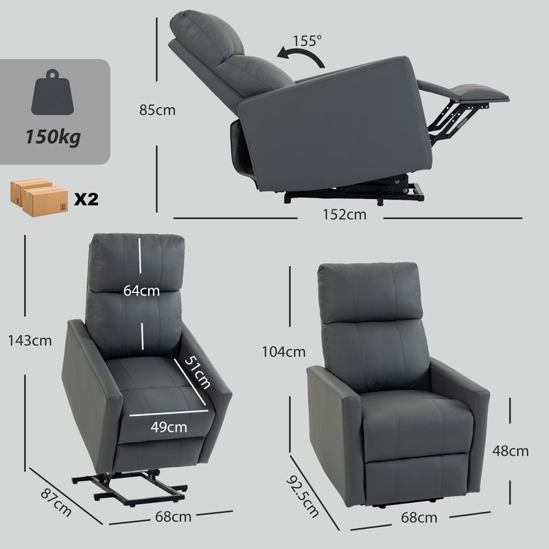 Dimensions diagram showing upright, reclined and lifted sizes with a 150 kg load limit