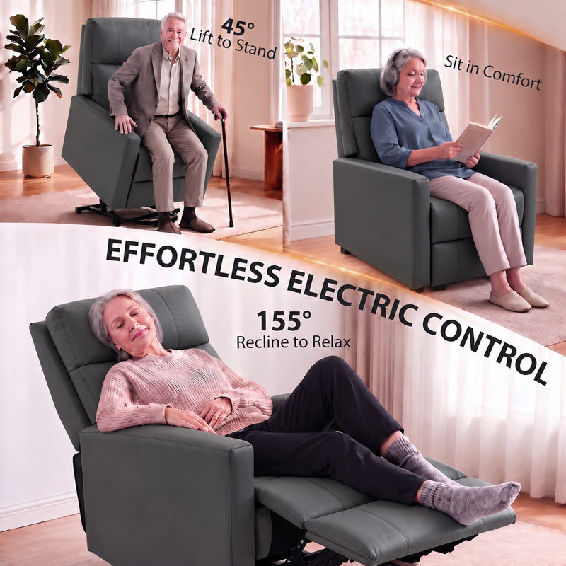 Riser recliner shown lifting a user to stand and reclining to 155 degrees