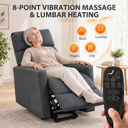 Woman reclining with a remote control and labelled back, lumbar, thigh and leg massage zones