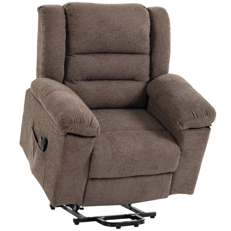 Front angled studio view of the riser recliner showing the steel lift mechanism