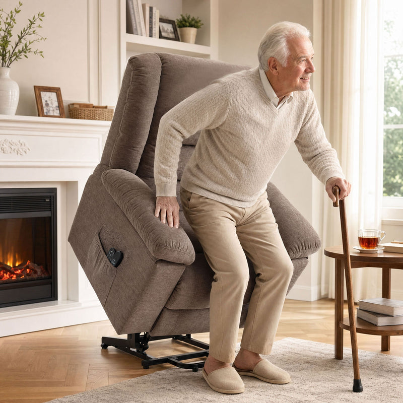 Older man leaning on a walking stick as the lift chair tilts forward to help him stand