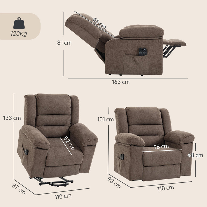 Size guide showing the recliner's 110 cm width, 93 cm depth and 120 kg capacity