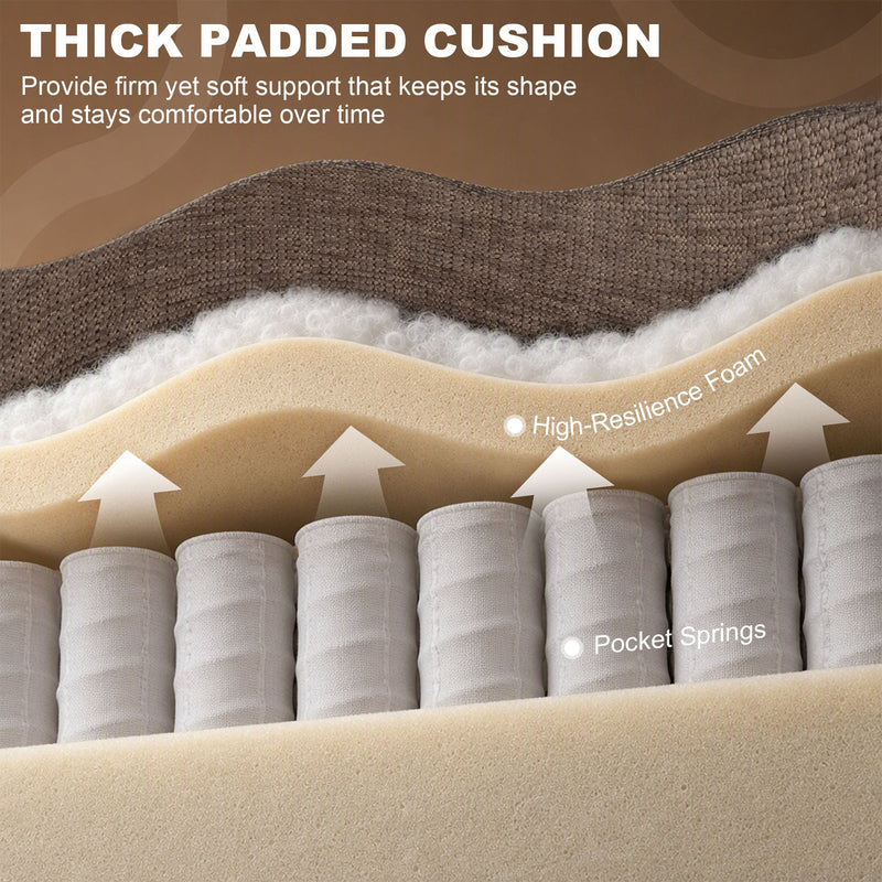 Thick padded cushion layers of high-resilience foam and pocket springs