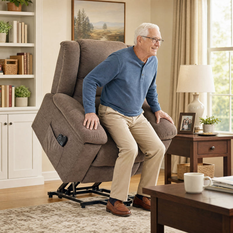 Man in a blue jumper standing up with help from the recliner's power lift