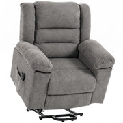 Oversized riser recliner chair in soft chenille, front angled studio view with lift base