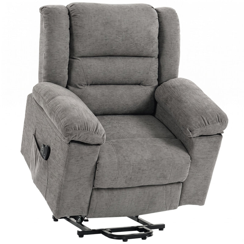 Oversized riser recliner chair in soft chenille, front angled studio view with lift base