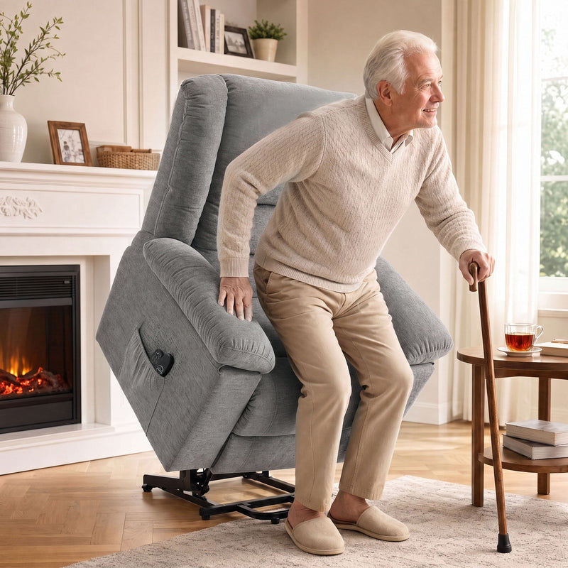Older man with a walking stick using the 45° power lift to stand up from the riser recliner