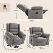 Dimensions diagram of the riser recliner: 101 cm upright, 133 cm lifted and 163 cm reclined