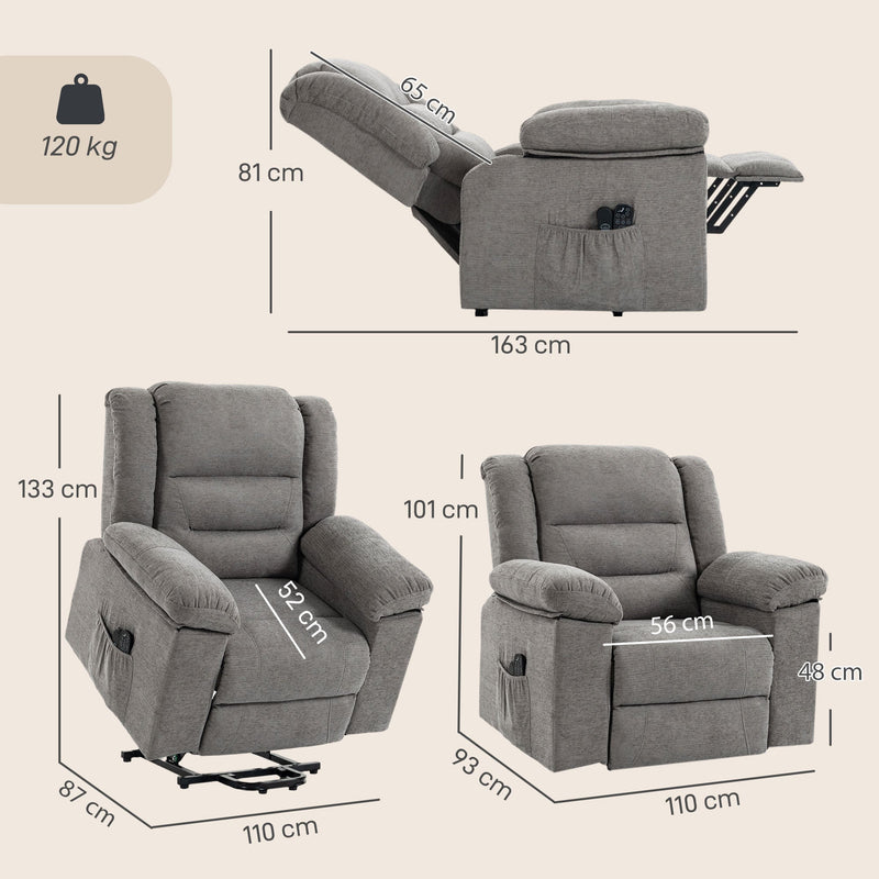 Dimensions diagram of the riser recliner: 101 cm upright, 133 cm lifted and 163 cm reclined