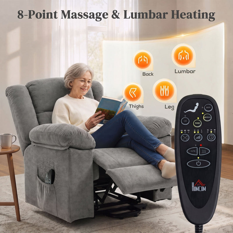 Woman reading in the recliner with the remote showing 8-point massage and lumbar heating zones