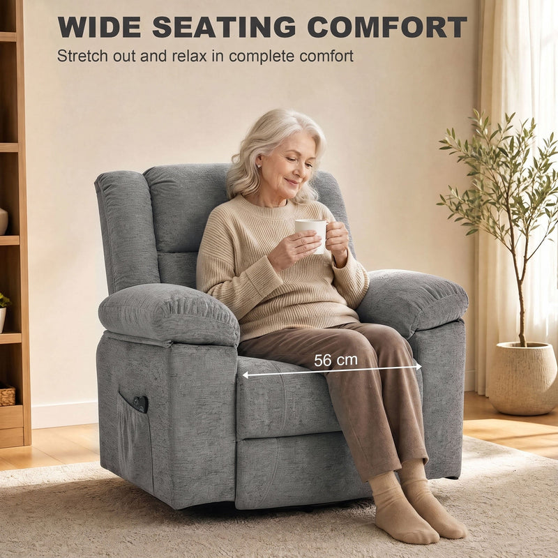 Woman holding a mug in the wide 56 cm seat of the recliner chair