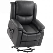 Charcoal grey PU leather riser recliner chair in the raised lift position with remote in the side pocket