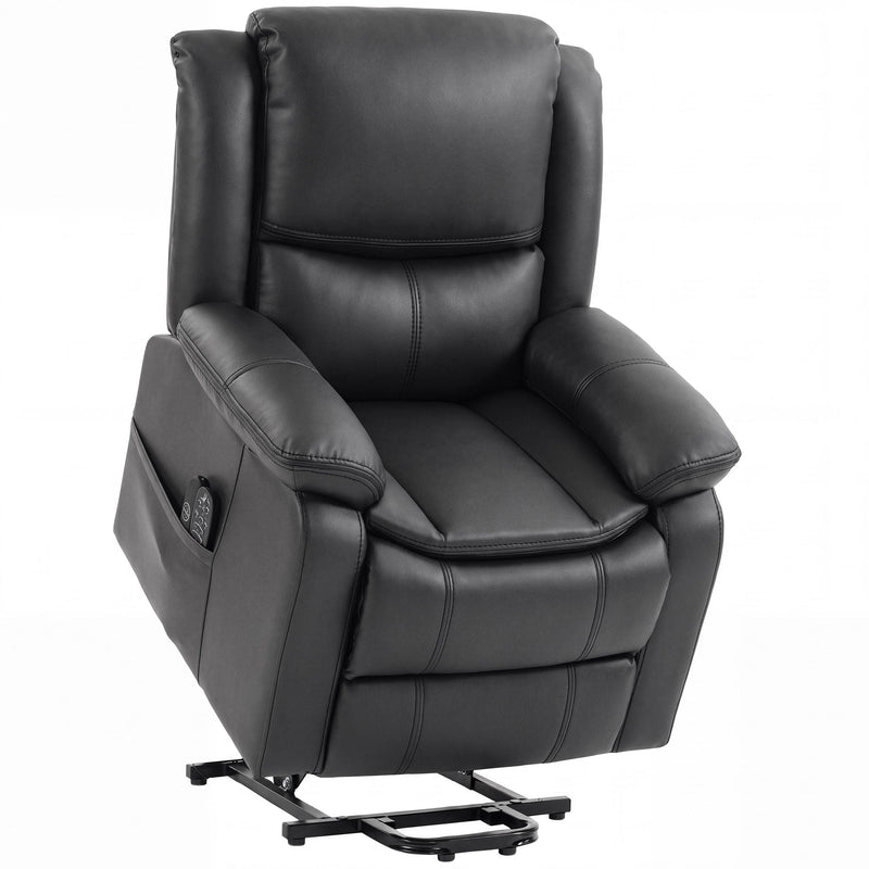 Charcoal grey PU leather riser recliner chair in the raised lift position with remote in the side pocket