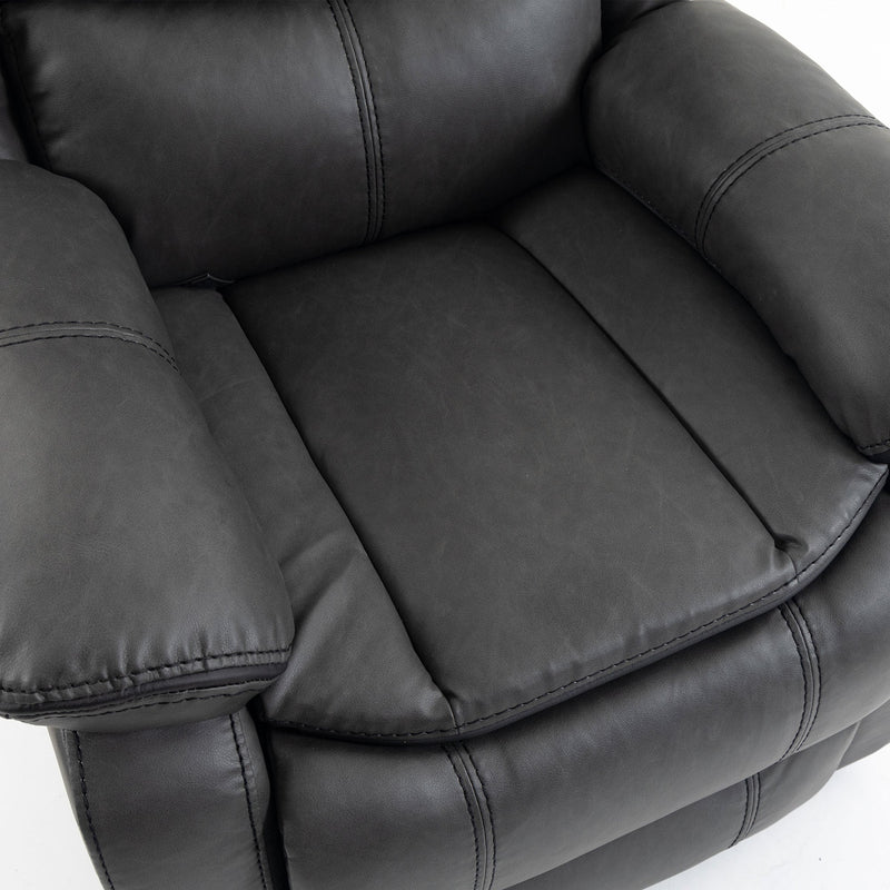Close-up of the stitched seat cushion and padded armrests in charcoal grey PU leather