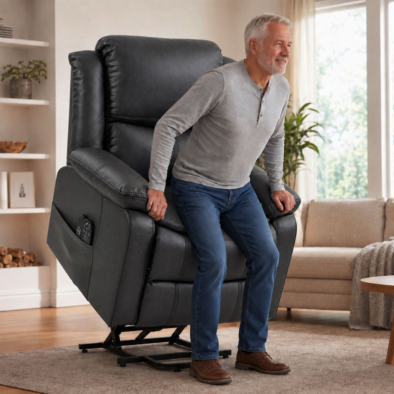 Man using the riser recliner's lift to stand up from the chair in a living room
