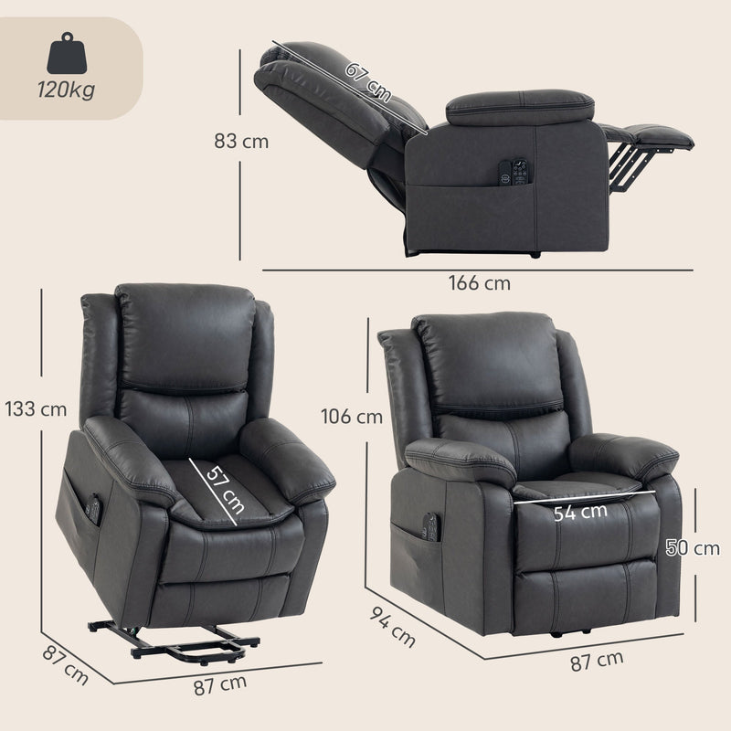Dimension diagram of the riser recliner showing upright, reclined and lifted sizes and 120kg capacity