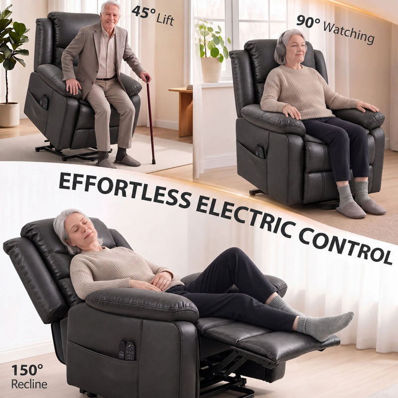 Three chair positions shown: 45° lift, 90° upright seating and 150° recline