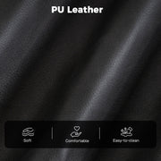 Close-up of black PU leather grain with soft, comfortable and easy-to-clean icons