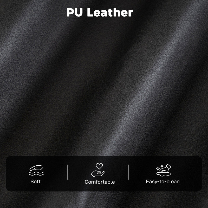 Close-up of black PU leather grain with soft, comfortable and easy-to-clean icons