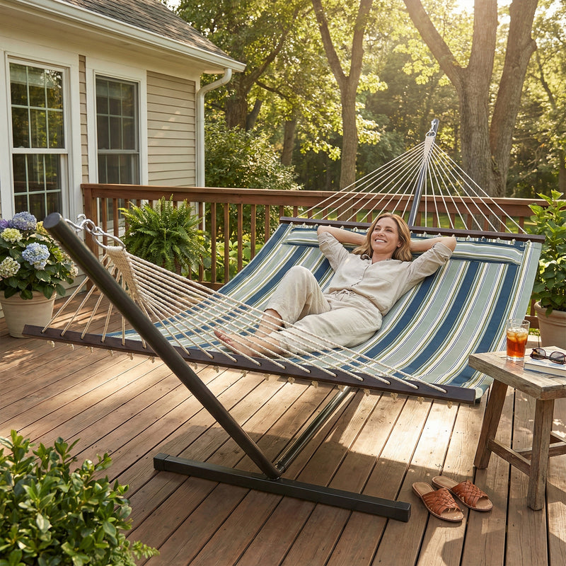 Garden Hammock with Stand for Easy Outdoor Relaxation and Lounging Striped Yellow Green