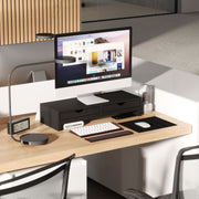 Dual Monitor Stand Riser with 2 Drawers Adjustable Length for PC Laptop and Printer Black by HOMCOM