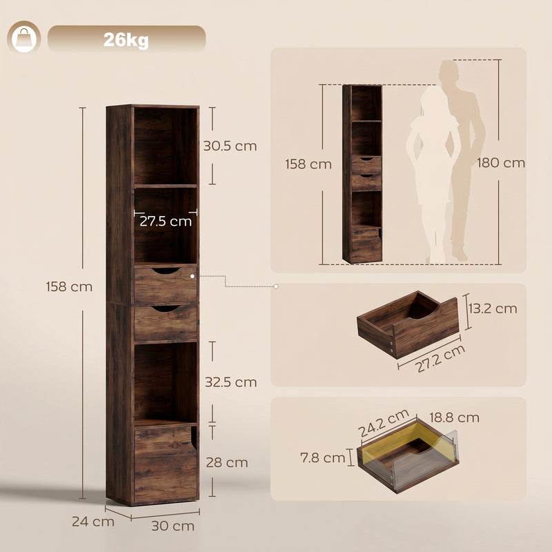 Slim Corner Bookcase with Adjustable Shelf and Storage Drawers for Small Spaces Rustic Brown
