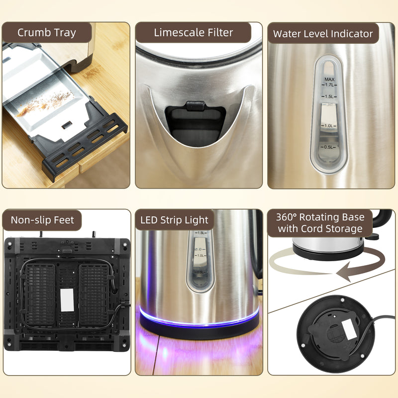 1.7L Rapid Boil Kettle and 4 Slice Toaster Set With Adjustable Browning Control Silver