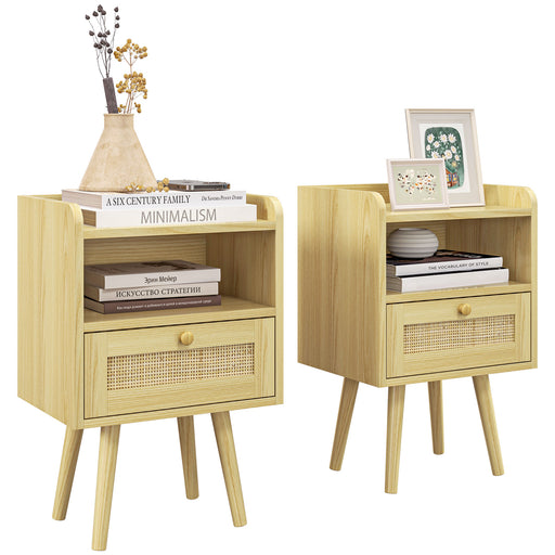 Set of Two Rattan Bedside Tables with Drawers for Bedroom Storage Wood Effect Brown