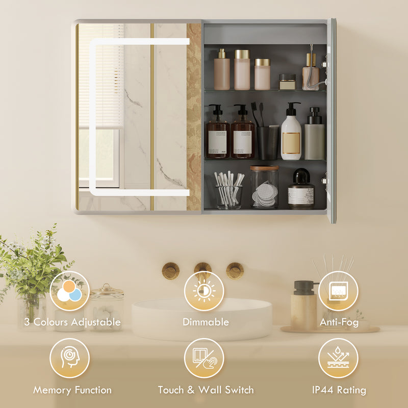 Bathroom Mirror Cabinet with Adjustable LED Lights and Demister Pad for Organised Storage Silver