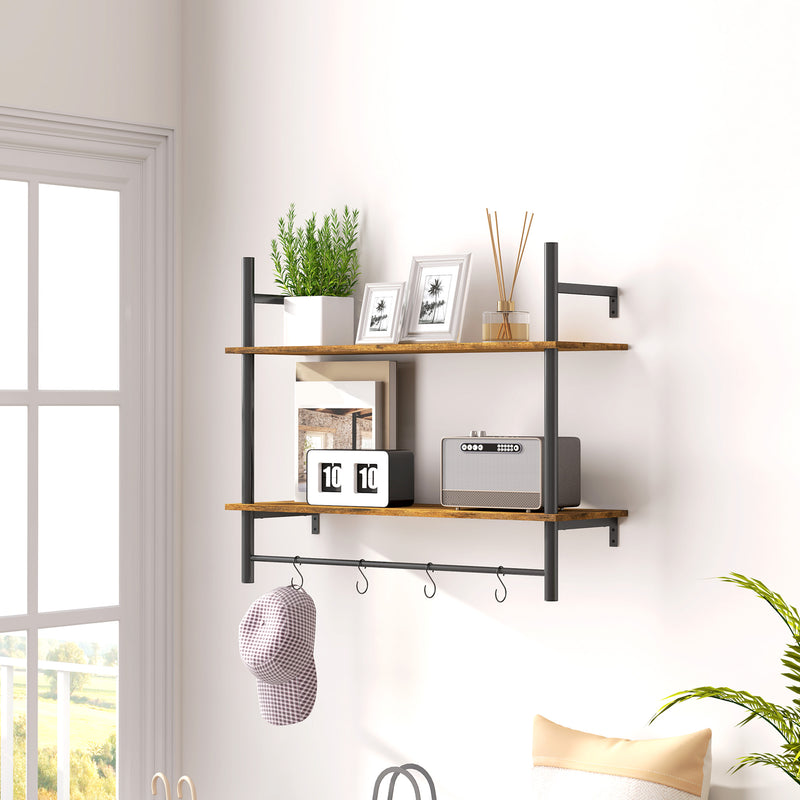 Rustic Brown Wall Mounted Floating Shelf With 4 Hooks for Living Room or Hallway by HOMCOM