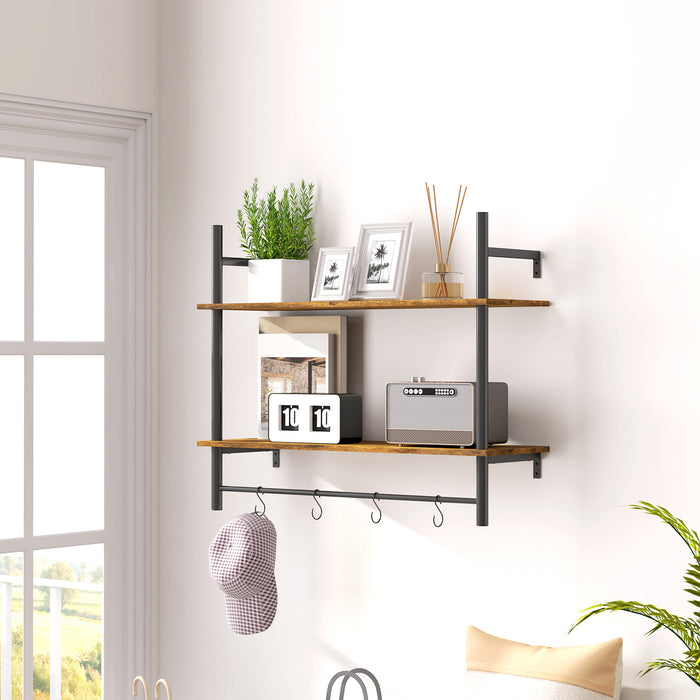 Rustic Brown Wall Mounted Floating Shelf With 4 Hooks for Living Room or Hallway by HOMCOM