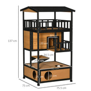 3 Tier Wooden Outdoor Cat House With Terrace And Elevated Base For Winter Shelter, Yellow